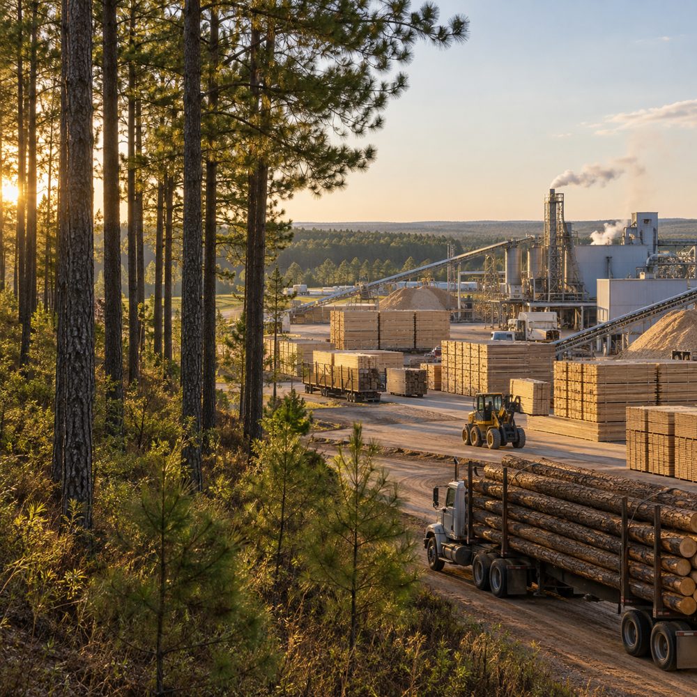 Log trucks and lumber stacks at a pine sawmill at sunset